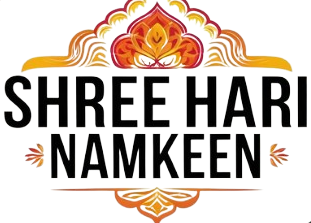 Advertisement for Shree Hari Namkeen with snacks and a bowl of dip on a decorative border.